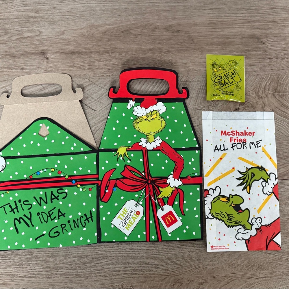 McDonald's Grinch Box and Salt Dill Pickle Seasoning and Shaker Bag New